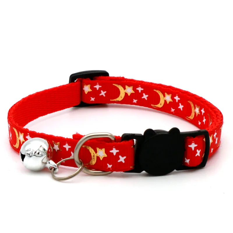Reflective Cat & Dog Collar — Gold Stars & Moon Design with Bell