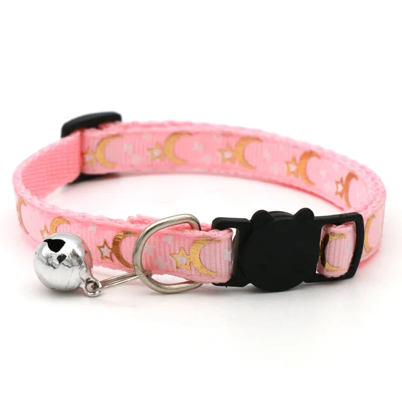 Reflective Cat & Dog Collar — Gold Stars & Moon Design with Bell