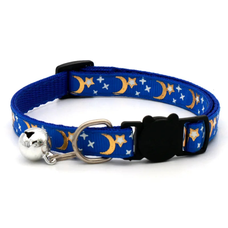 Reflective Cat & Dog Collar — Gold Stars & Moon Design with Bell
