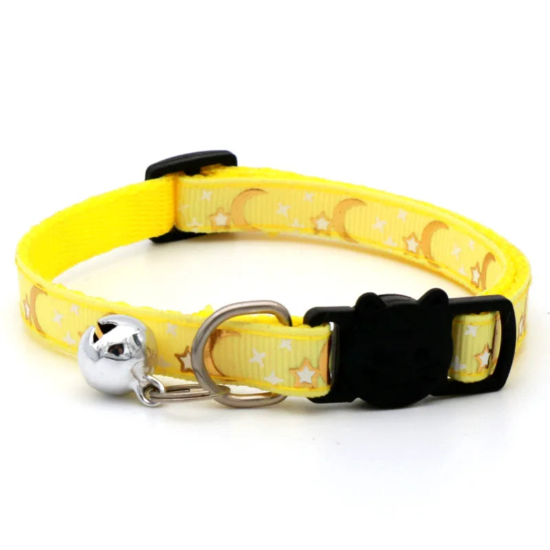 Reflective Cat & Dog Collar — Gold Stars & Moon Design with Bell