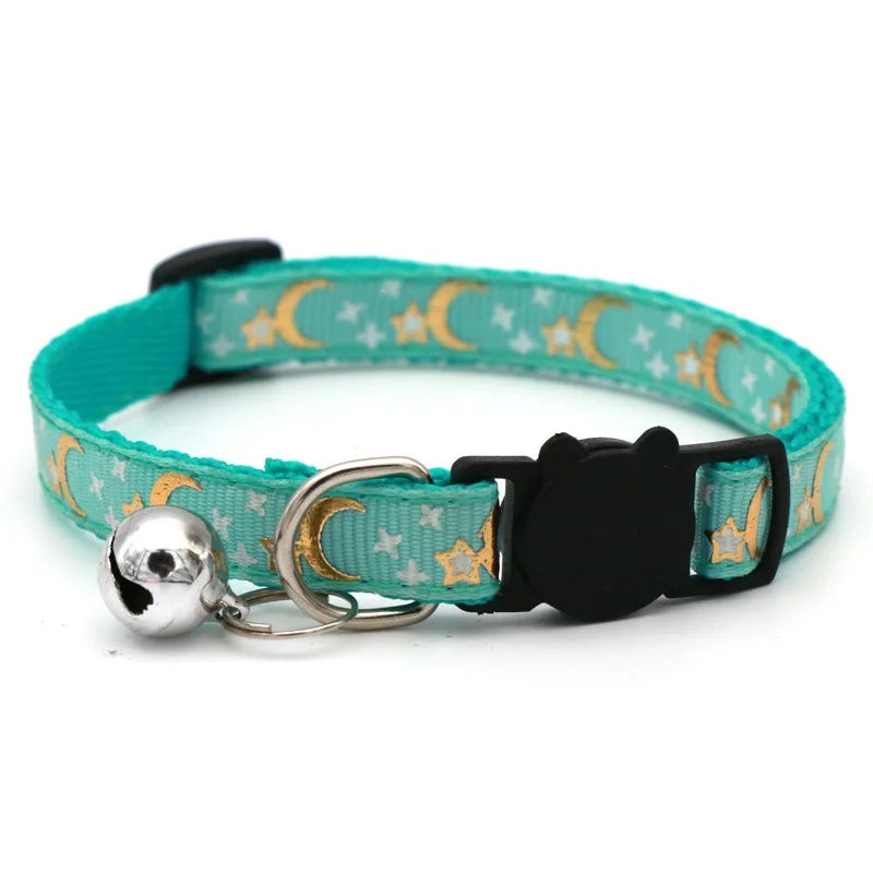 Reflective Cat & Dog Collar — Gold Stars & Moon Design with Bell