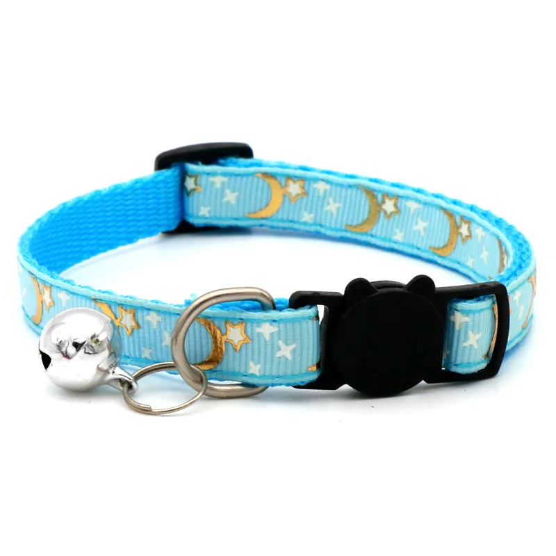 Reflective Cat & Dog Collar — Gold Stars & Moon Design with Bell