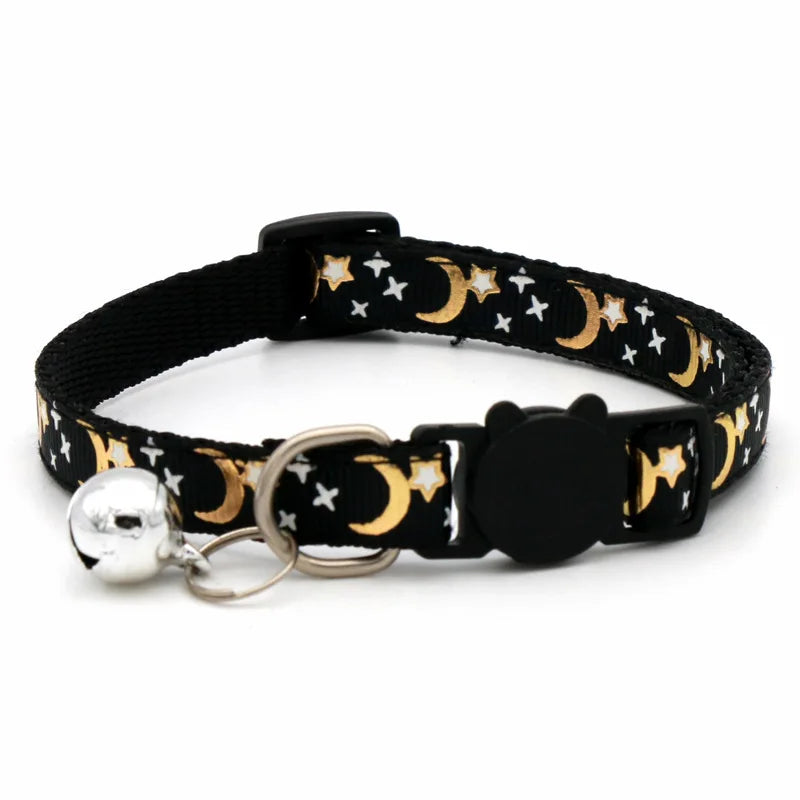 Reflective Cat & Dog Collar — Gold Stars & Moon Design with Bell