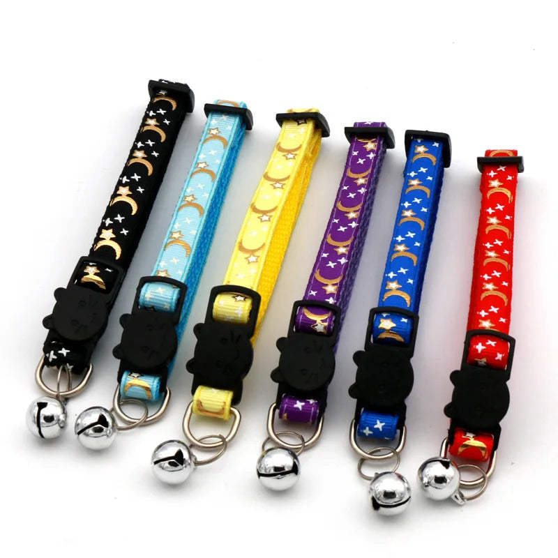 Reflective Cat & Dog Collar — Gold Stars & Moon Design with Bell
