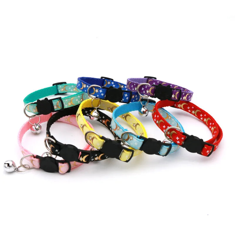 Reflective Cat & Dog Collar — Gold Stars & Moon Design with Bell