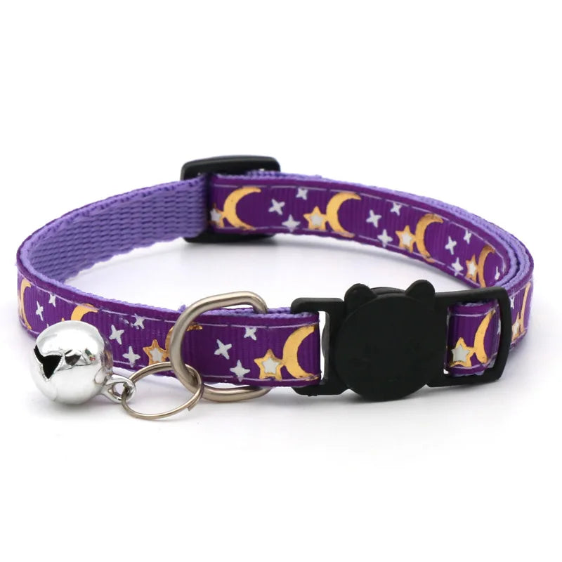 Reflective Cat & Dog Collar — Gold Stars & Moon Design with Bell