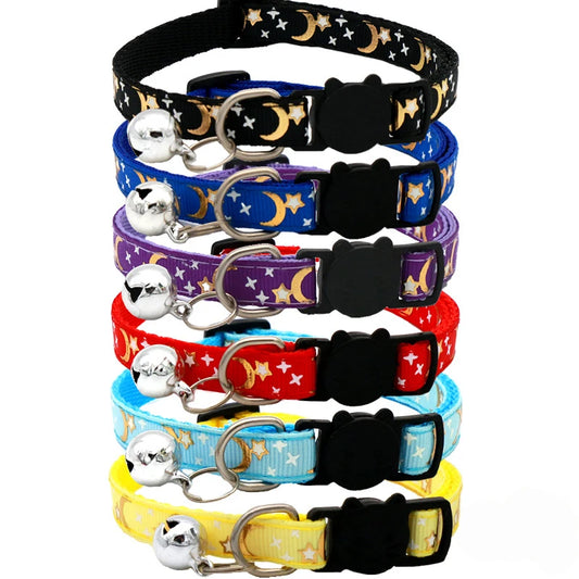 Reflective Cat & Dog Collar — Gold Stars & Moon Design with Bell